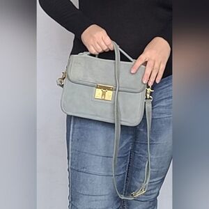 Tory Burch Genuine Suede Leather Crossbody  Flap/Clasp French Gray Gold Hardware